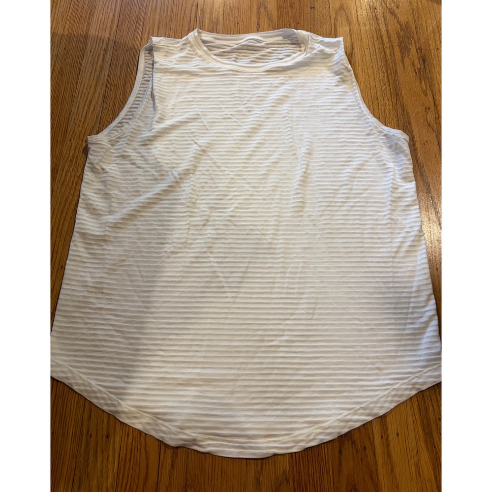 Lululemon White Striped Sleeveless Training Tank Top Curved Hem Reflective Logo